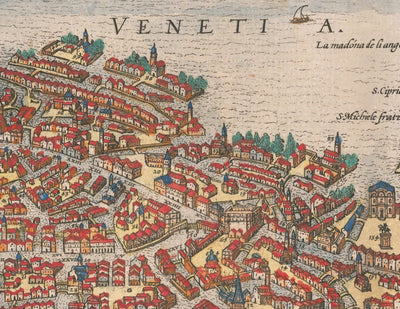 Mapa muy antiguo de Venecia, 1572 de Georg Braun - Venezia, Murano, Burano, Giudecca, Laguna veneciana