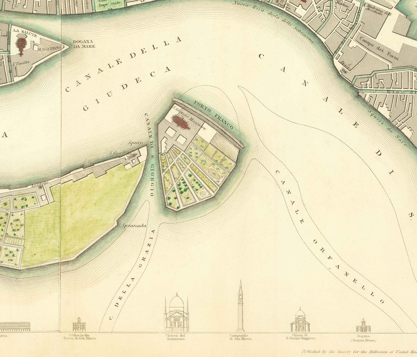 Carte ancienne de Venise, 1838 par W.B. Clarke & SDUK - Venezia, Lagune, Basilique St Marc, Grand Canal, Pont du Rialto