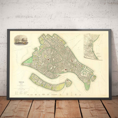 Carte ancienne de Venise, 1838 par W.B. Clarke & SDUK - Venezia, Lagune, Basilique St Marc, Grand Canal, Pont du Rialto