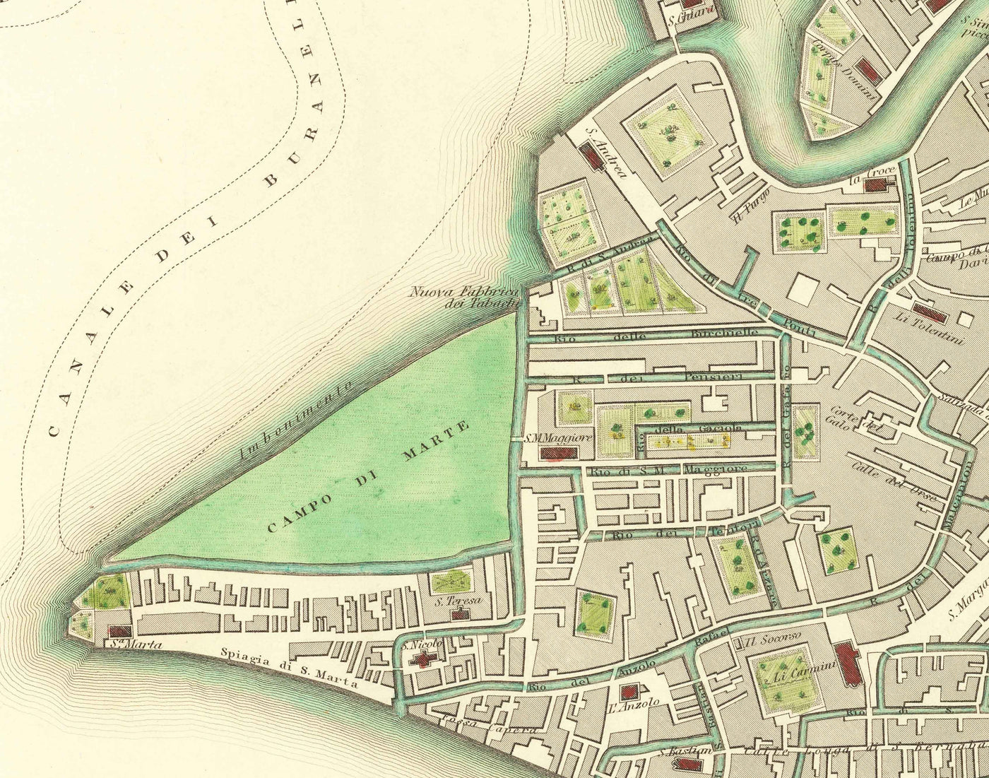 Carte ancienne de Venise, 1838 par W.B. Clarke & SDUK - Venezia, Lagune, Basilique St Marc, Grand Canal, Pont du Rialto