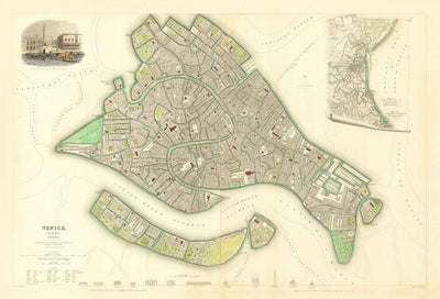 Carte ancienne de Venise, 1838 par W.B. Clarke & SDUK - Venezia, Lagune, Basilique St Marc, Grand Canal, Pont du Rialto