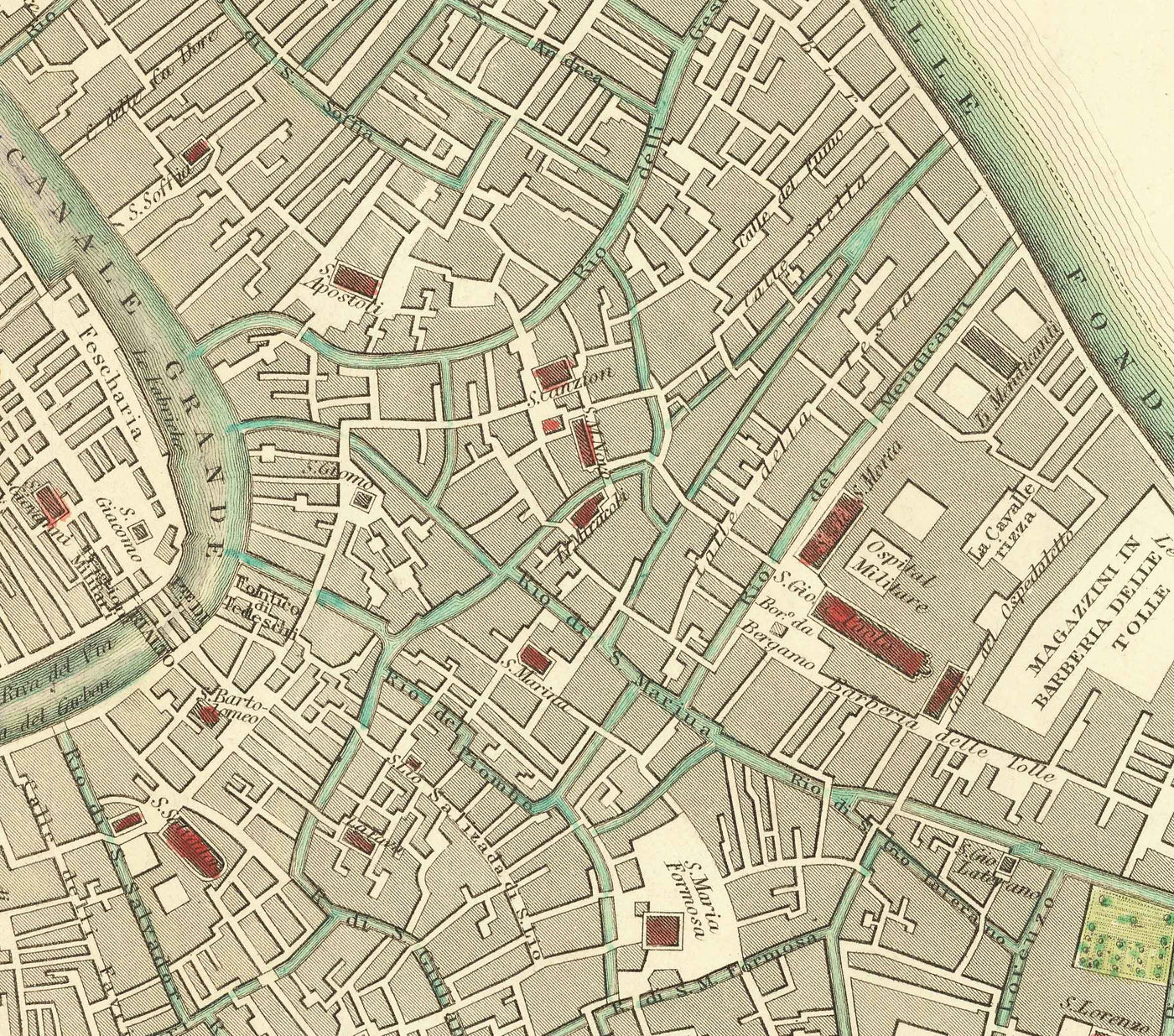 Carte ancienne de Venise, 1838 par W.B. Clarke & SDUK - Venezia, Lagune, Basilique St Marc, Grand Canal, Pont du Rialto