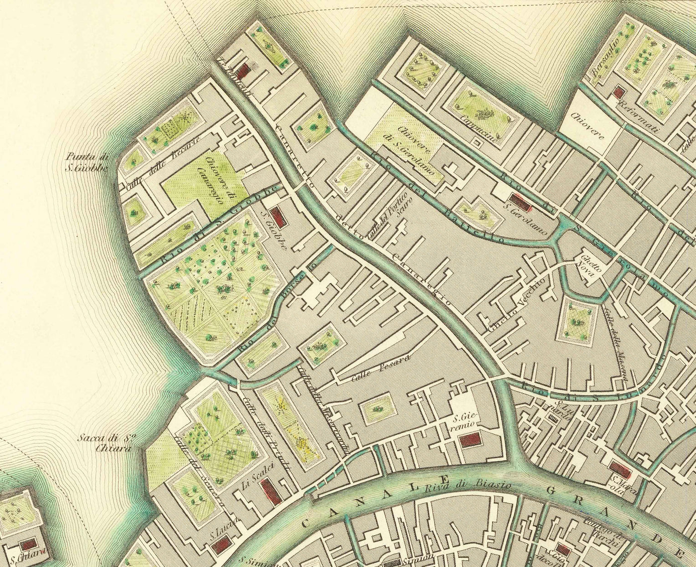 Carte ancienne de Venise, 1838 par W.B. Clarke & SDUK - Venezia, Lagune, Basilique St Marc, Grand Canal, Pont du Rialto