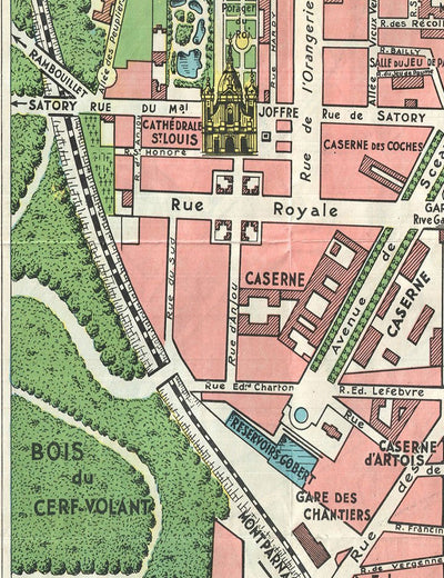 Mapa antiguo del Palacio de Versalles y sus jardines, 1920 por Leconte - París, Gran Canal, Rey Luis XIV, XV, XVI