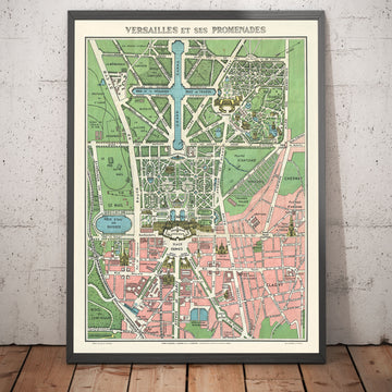 Mappa antica del Palazzo di Versailles e dei Giardini, 1920 di Leconte - Parigi, Grande Canale, Re Luigi XIV, XV, XVI 