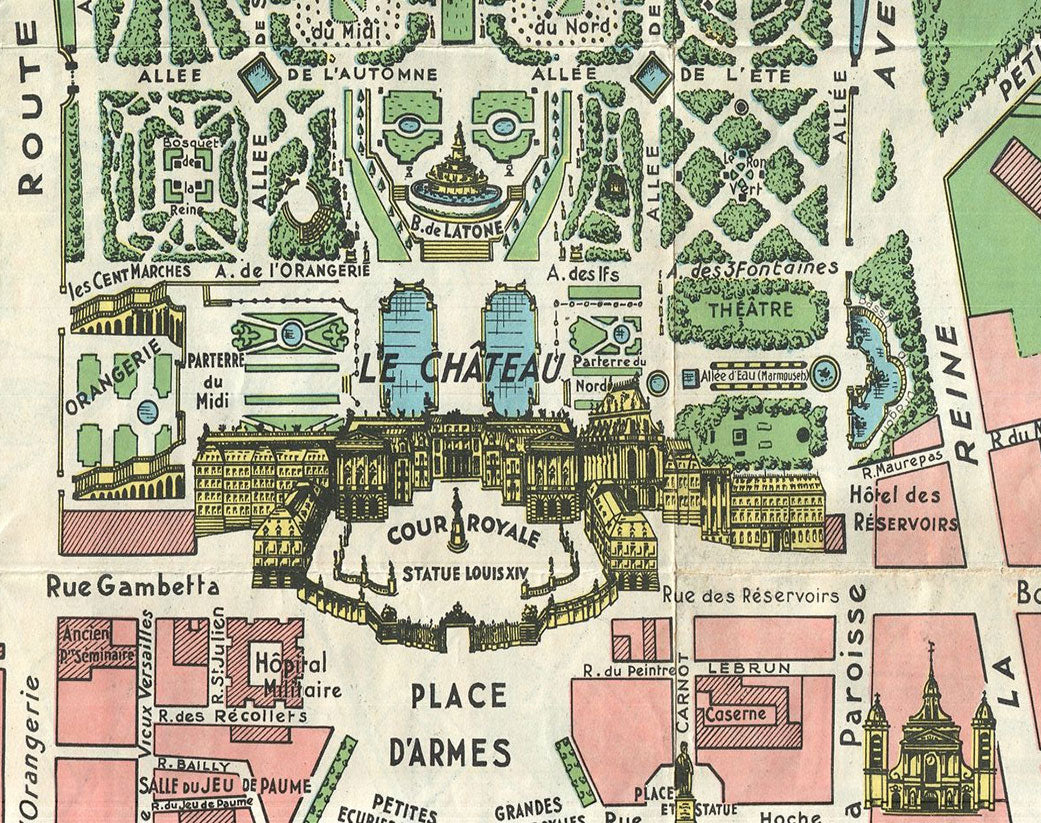 Mapa antiguo del Palacio de Versalles y sus jardines, 1920 por Leconte - París, Gran Canal, Rey Luis XIV, XV, XVI