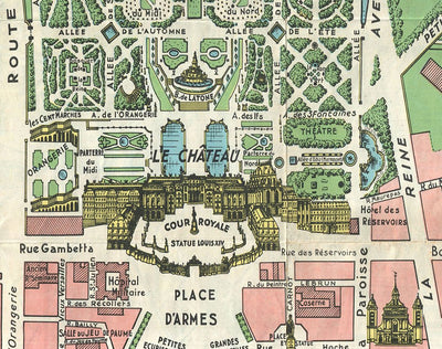 Mapa antiguo del Palacio de Versalles y sus jardines, 1920 por Leconte - París, Gran Canal, Rey Luis XIV, XV, XVI