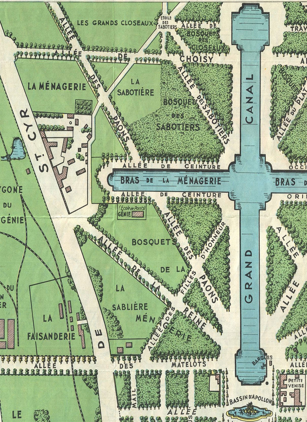 Mapa antiguo del Palacio de Versalles y sus jardines, 1920 por Leconte - París, Gran Canal, Rey Luis XIV, XV, XVI