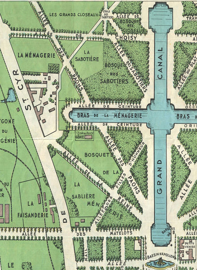 Mapa antiguo del Palacio de Versalles y sus jardines, 1920 por Leconte - París, Gran Canal, Rey Luis XIV, XV, XVI