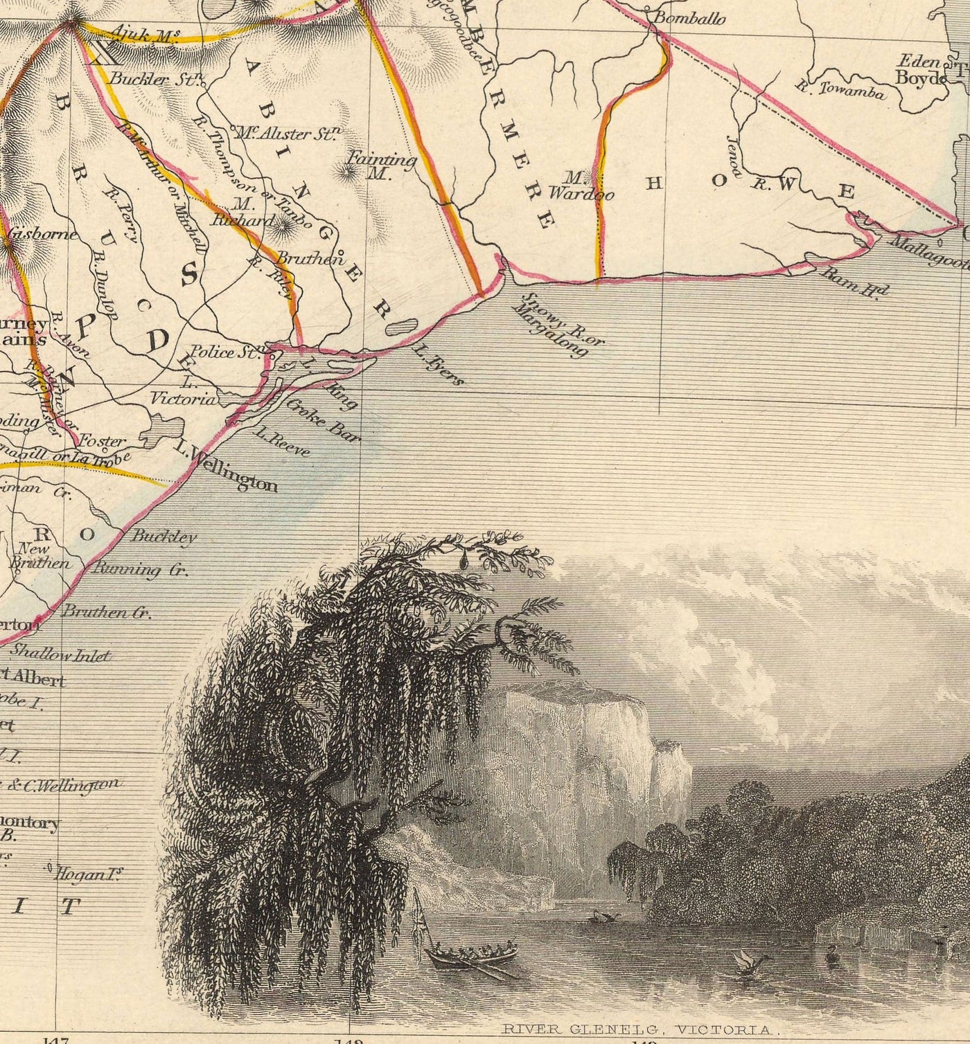 Old Map of Victoria, Australia par Tallis & Rapkin, 1851 - Melbourne, Geelong, Bourke, Grant, Evelyn Counties