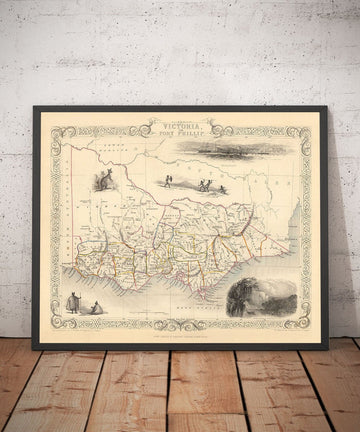 Mappa antica di Victoria, Australia di Tallis & Rapkin, 1851 - Melbourne, Geelong, Bourke, Grant, Contee di Evelyn 