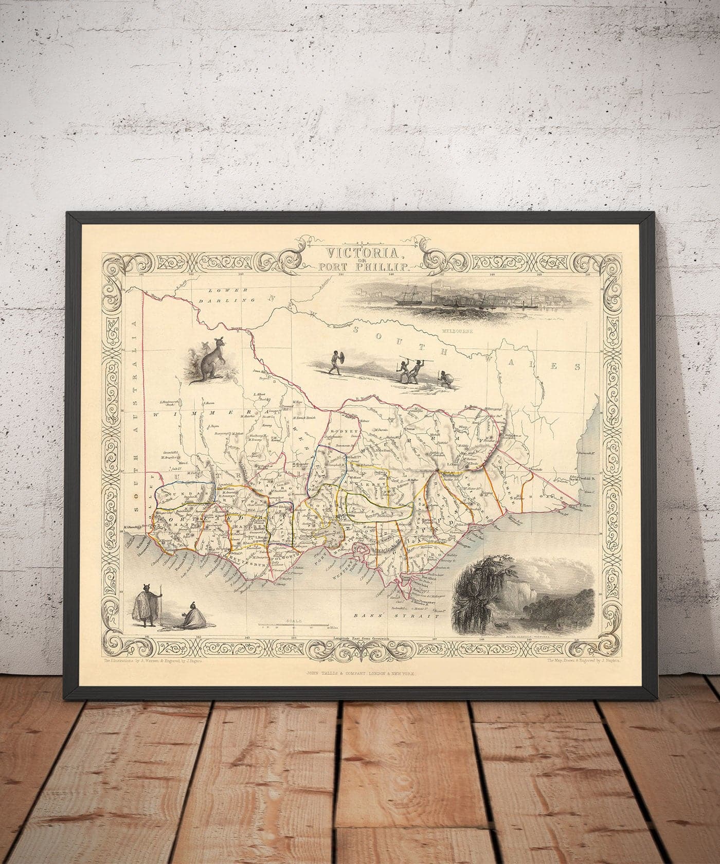 Old Map of Victoria, Australia par Tallis & Rapkin, 1851 - Melbourne, Geelong, Bourke, Grant, Evelyn Counties