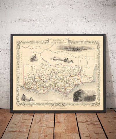 Old Map of Victoria, Australia par Tallis & Rapkin, 1851 - Melbourne, Geelong, Bourke, Grant, Evelyn Counties