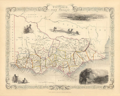 Old Map of Victoria, Australia par Tallis & Rapkin, 1851 - Melbourne, Geelong, Bourke, Grant, Evelyn Counties