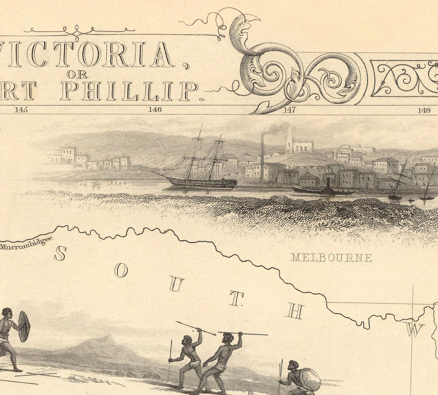 Old Map of Victoria, Australia par Tallis & Rapkin, 1851 - Melbourne, Geelong, Bourke, Grant, Evelyn Counties