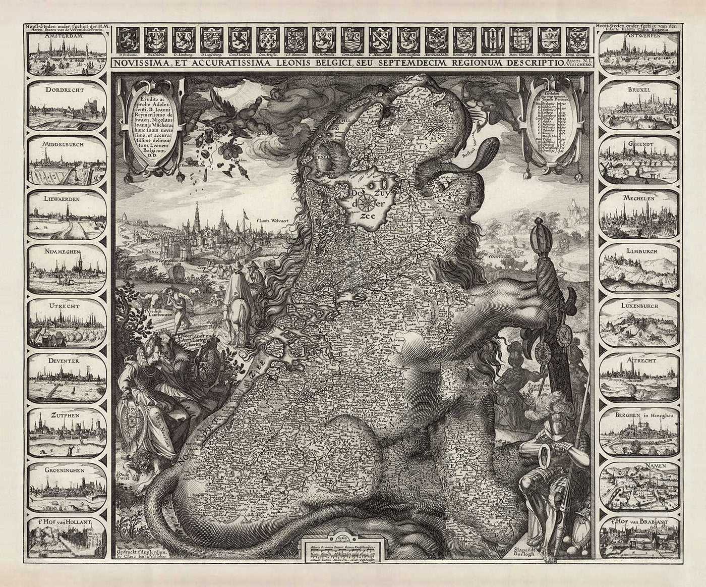 Antiguo mapa Leo Belgicus de los Países Bajos en 1611 por C. Janszoon Visscher - Países Bajos, Bélgica, Bruselas, Amsterdam, Genk