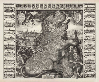 Antiguo mapa Leo Belgicus de los Países Bajos en 1611 por C. Janszoon Visscher - Países Bajos, Bélgica, Bruselas, Amsterdam, Genk
