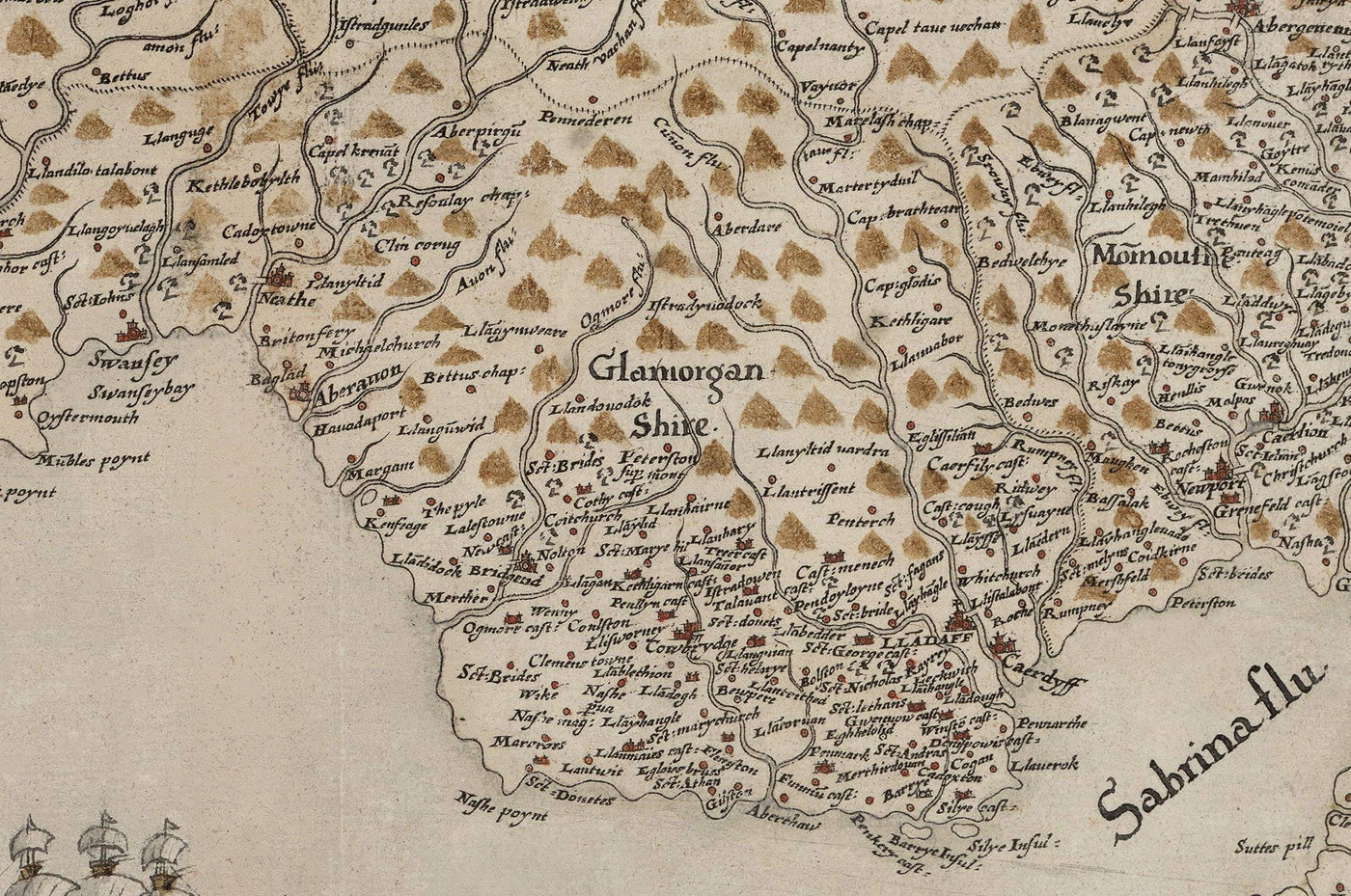 Old Map of Wales, Cymru by Christopher Saxton in 1580 - First Accurate Map of Wales