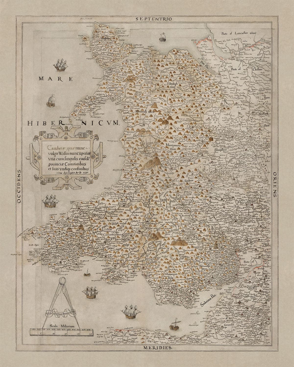Old Map of Wales, Cymru by Christopher Saxton in 1580 - First Accurate Map of Wales