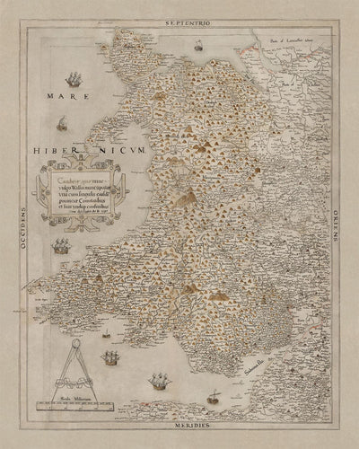 Old Map of Wales, Cymru by Christopher Saxton in 1580 - First Accurate Map of Wales