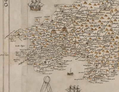 Old Map of Wales, Cymru by Christopher Saxton in 1580 - First Accurate Map of Wales