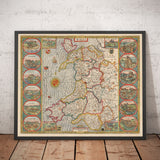 Ancienne carte en couleur du Pays de Galles, Cymru par John Speed, 1610