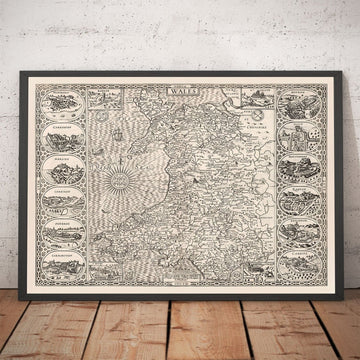 Old Monochrome Map of Wales, Cymru, 1611 by John Speed - Cities, Towns, Counties, Cardiff, Pembrokeshire, Anglesey