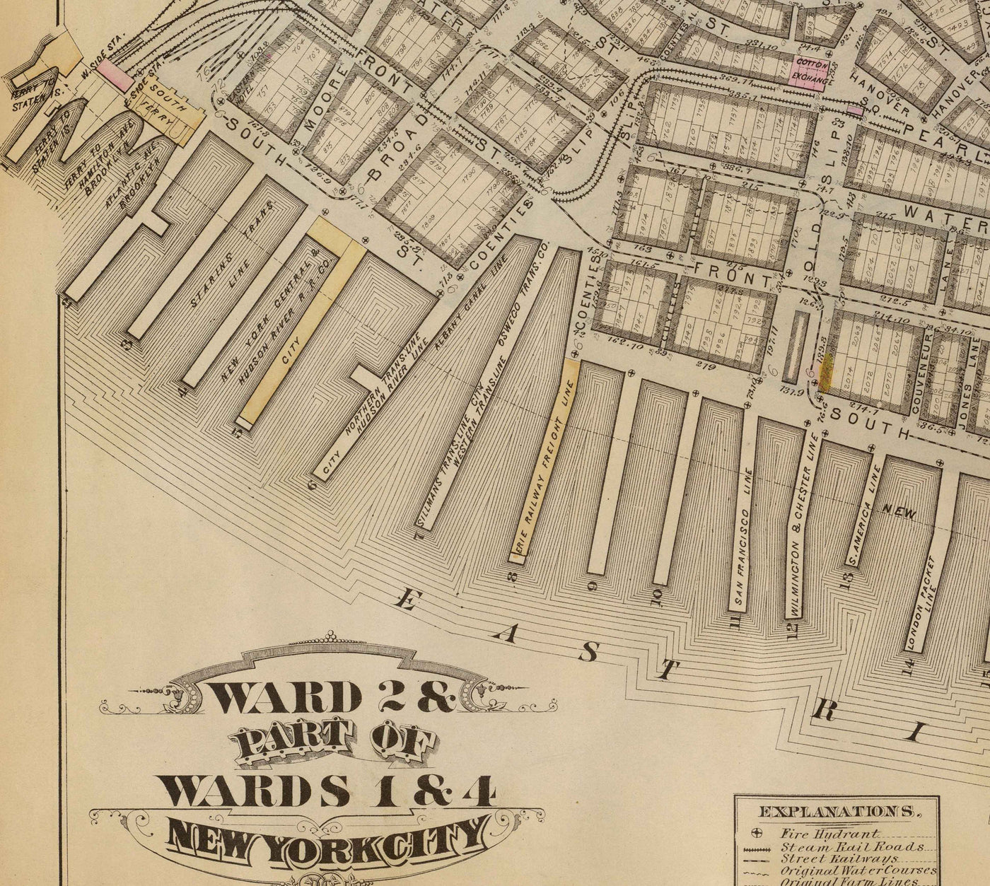 Antiguo mapa del distrito financiero y del centro cívico, 1879 - barrios de Manhattan, Wall St, Fulton St, East River, Ayuntamiento, Palacio de Justicia, Tesorería