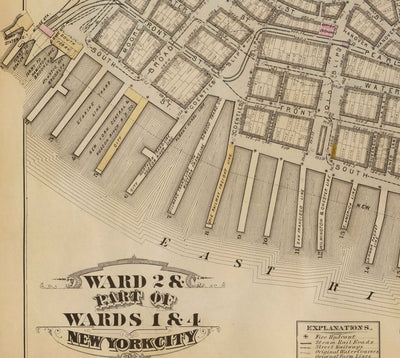 Antiguo mapa del distrito financiero y del centro cívico, 1879 - barrios de Manhattan, Wall St, Fulton St, East River, Ayuntamiento, Palacio de Justicia, Tesorería