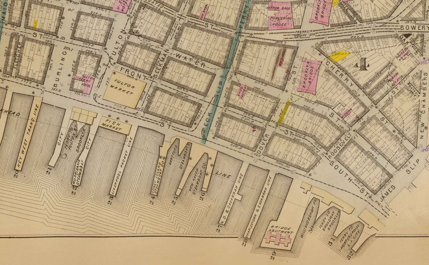 Antiguo mapa del distrito financiero y del centro cívico, 1879 - barrios de Manhattan, Wall St, Fulton St, East River, Ayuntamiento, Palacio de Justicia, Tesorería