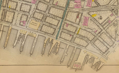 Antiguo mapa del distrito financiero y del centro cívico, 1879 - barrios de Manhattan, Wall St, Fulton St, East River, Ayuntamiento, Palacio de Justicia, Tesorería