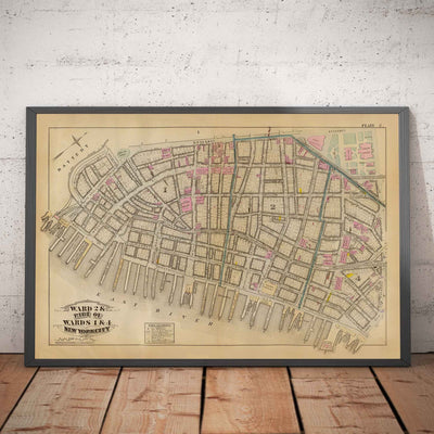Antiguo mapa del distrito financiero y del centro cívico, 1879 - barrios de Manhattan, Wall St, Fulton St, East River, Ayuntamiento, Palacio de Justicia, Tesorería