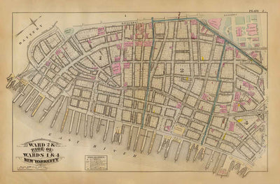 Antiguo mapa del distrito financiero y del centro cívico, 1879 - barrios de Manhattan, Wall St, Fulton St, East River, Ayuntamiento, Palacio de Justicia, Tesorería