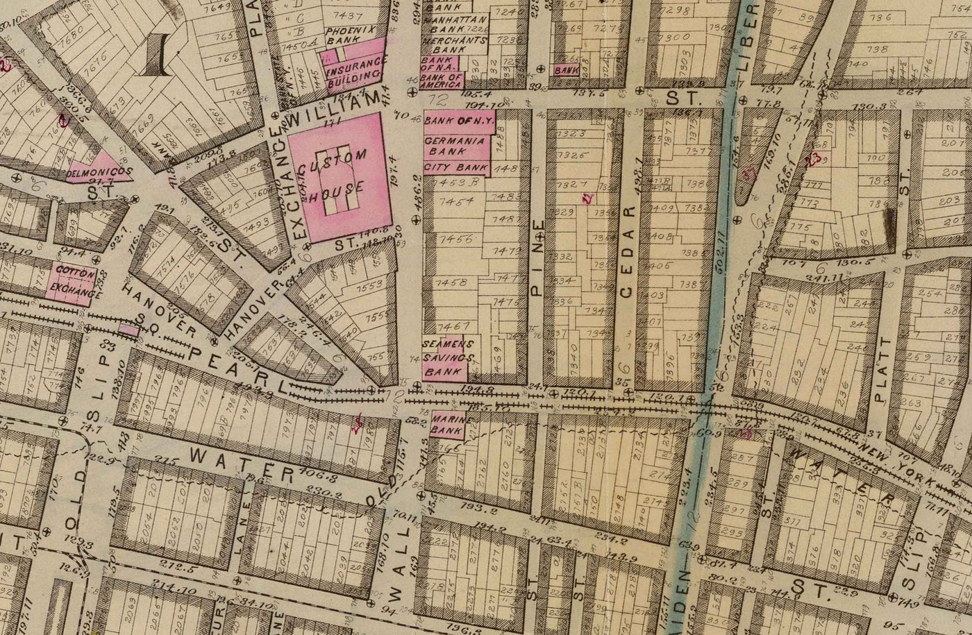 Antiguo mapa del distrito financiero y del centro cívico, 1879 - barrios de Manhattan, Wall St, Fulton St, East River, Ayuntamiento, Palacio de Justicia, Tesorería