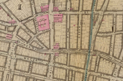 Antiguo mapa del distrito financiero y del centro cívico, 1879 - barrios de Manhattan, Wall St, Fulton St, East River, Ayuntamiento, Palacio de Justicia, Tesorería