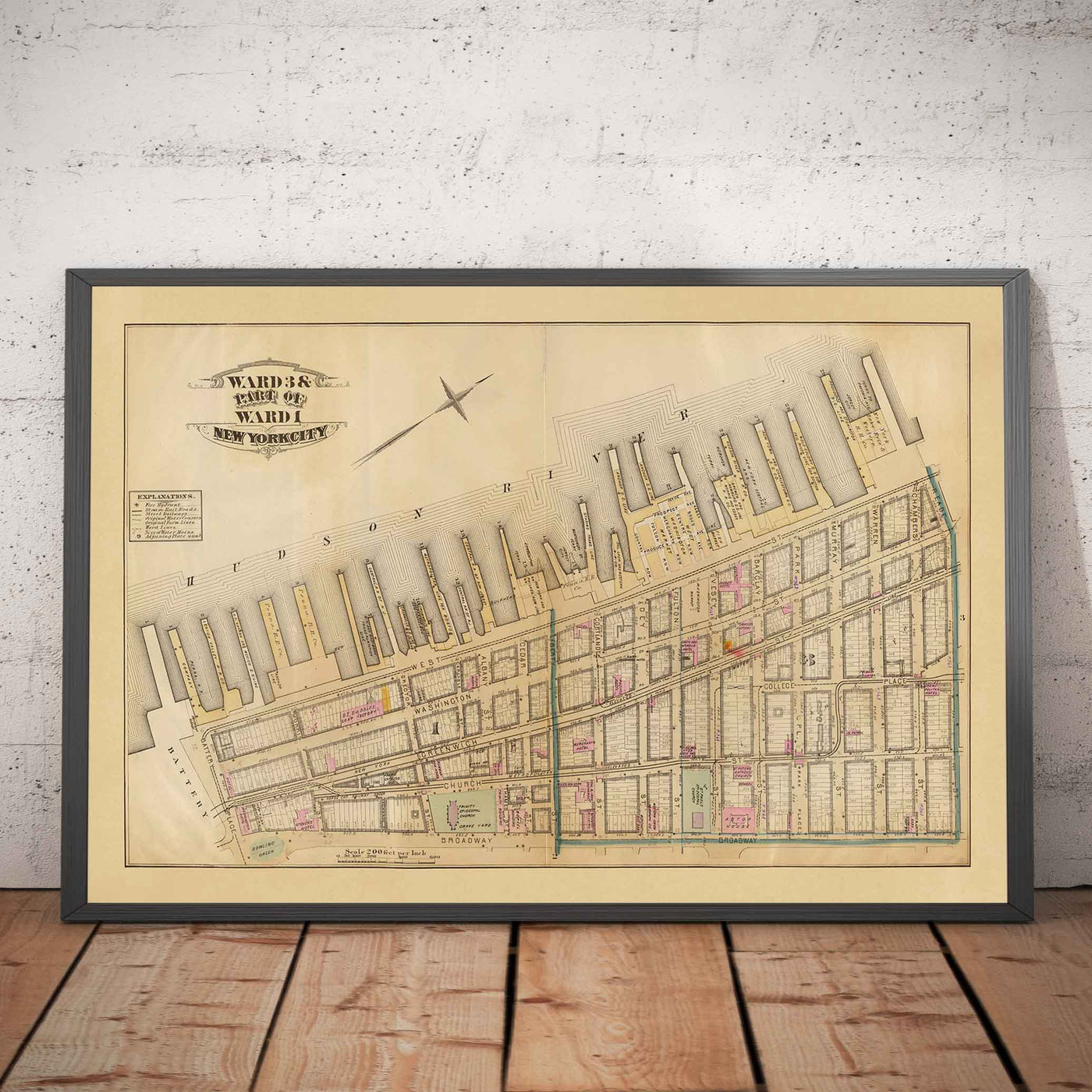 Alte Karte von Battery Park City & Tribeca, 1879 - Downtown Manhattan Wards NYC, Hudson River, Broadway, Greenwich St, West St 