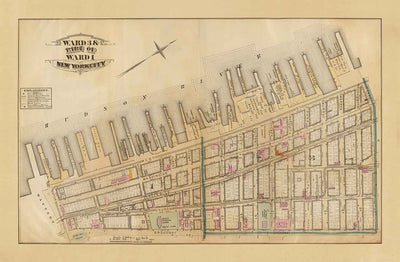 Alte Karte von Battery Park City & Tribeca, 1879 - Downtown Manhattan Wards NYC, Hudson River, Broadway, Greenwich St, West St 