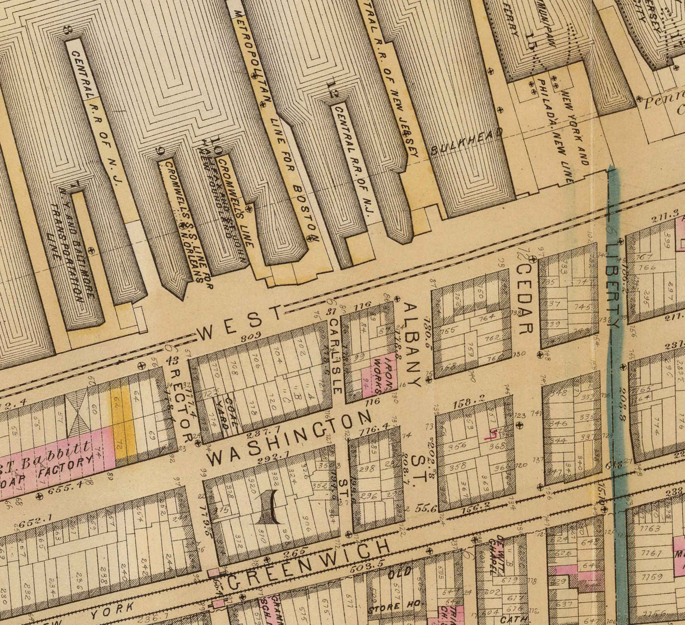 Alte Karte von Battery Park City & Tribeca, 1879 - Downtown Manhattan Wards NYC, Hudson River, Broadway, Greenwich St, West St 