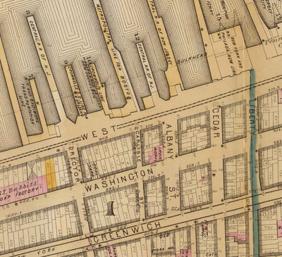 Alte Karte von Battery Park City & Tribeca, 1879 - Downtown Manhattan Wards NYC, Hudson River, Broadway, Greenwich St, West St 
