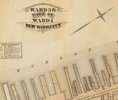 Alte Karte von Battery Park City & Tribeca, 1879 - Downtown Manhattan Wards NYC, Hudson River, Broadway, Greenwich St, West St 