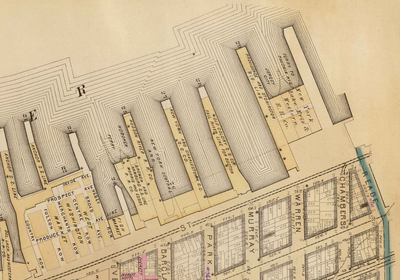 Alte Karte von Battery Park City & Tribeca, 1879 - Downtown Manhattan Wards NYC, Hudson River, Broadway, Greenwich St, West St 