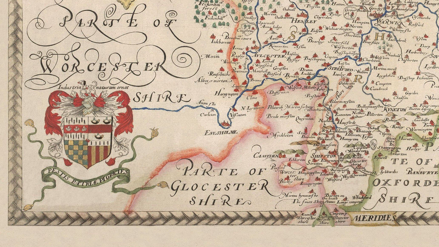 Ancienne carte de Warwick - Leicester 1579, par Christopher Saxton - Birmingham, Coventry, Solihull, Nuneaton