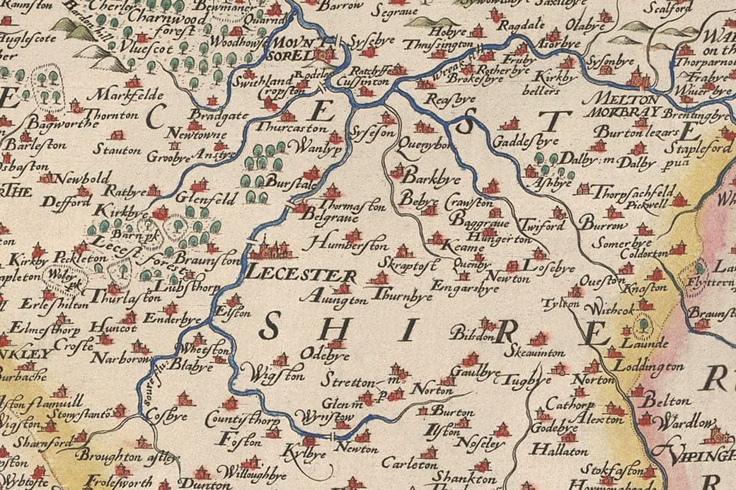 Ancienne carte de Warwick - Leicester 1579, par Christopher Saxton - Birmingham, Coventry, Solihull, Nuneaton