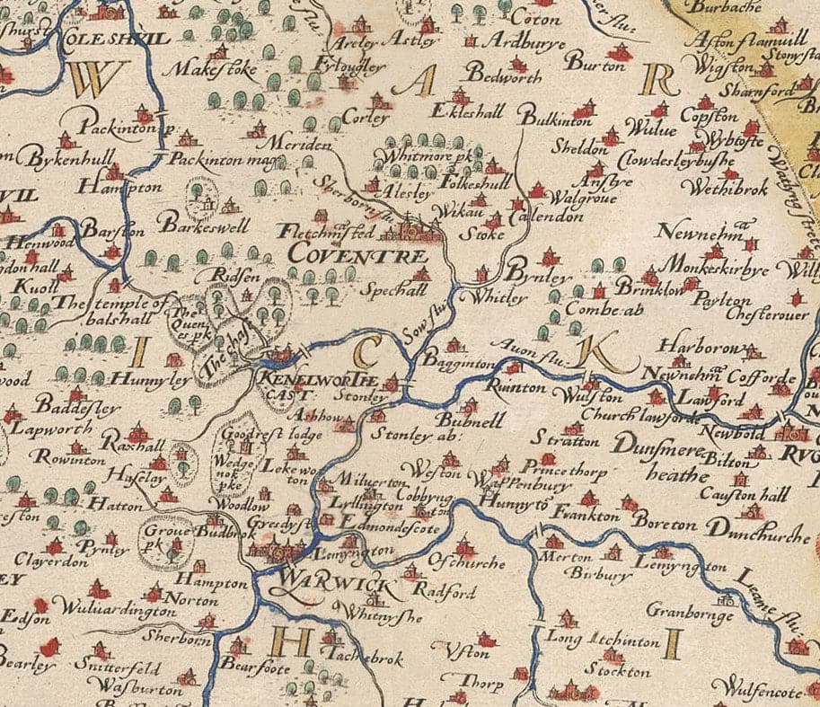 Ancienne carte de Warwick - Leicester 1579, par Christopher Saxton - Birmingham, Coventry, Solihull, Nuneaton