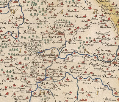 Ancienne carte de Warwick - Leicester 1579, par Christopher Saxton - Birmingham, Coventry, Solihull, Nuneaton