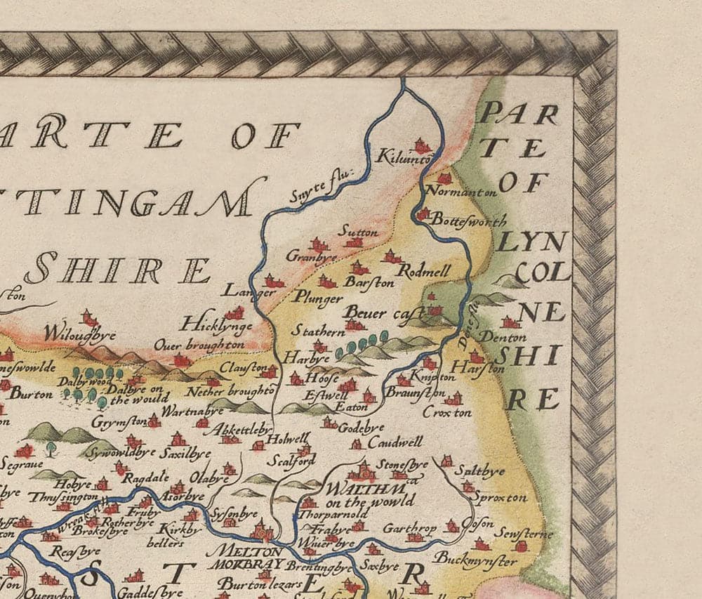 Ancienne carte de Warwick - Leicester 1579, par Christopher Saxton - Birmingham, Coventry, Solihull, Nuneaton