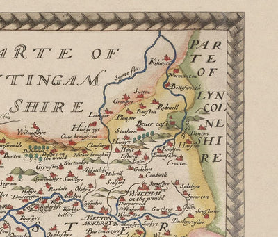 Ancienne carte de Warwick - Leicester 1579, par Christopher Saxton - Birmingham, Coventry, Solihull, Nuneaton