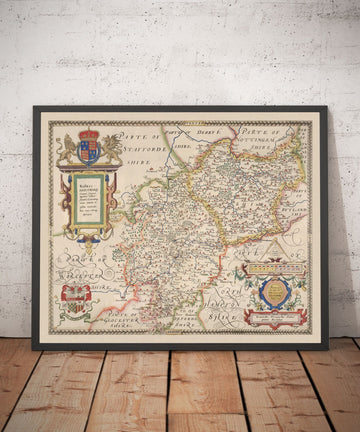Viejo Mapa de Warwick - Leicester 1579, por Christopher Saxton - Birmingham, Coventry, Solihull, Nuneaton