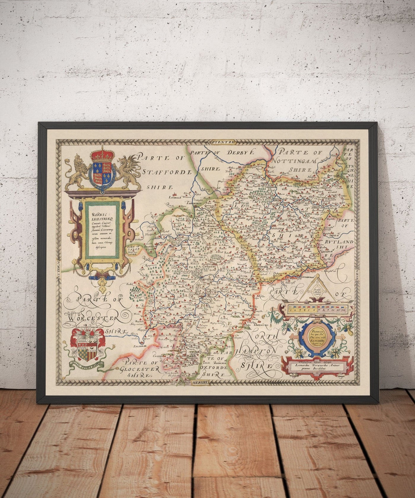 Ancienne carte de Warwick - Leicester 1579, par Christopher Saxton - Birmingham, Coventry, Solihull, Nuneaton