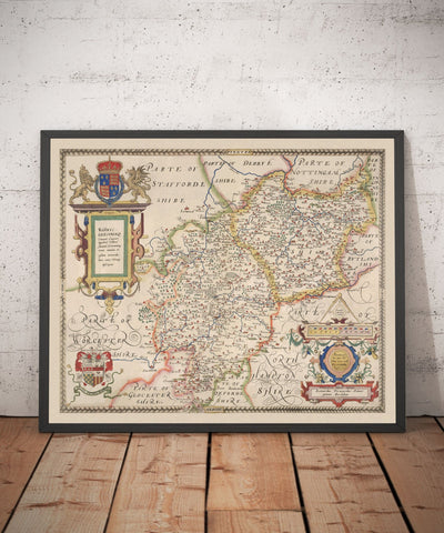 Ancienne carte de Warwick - Leicester 1579, par Christopher Saxton - Birmingham, Coventry, Solihull, Nuneaton